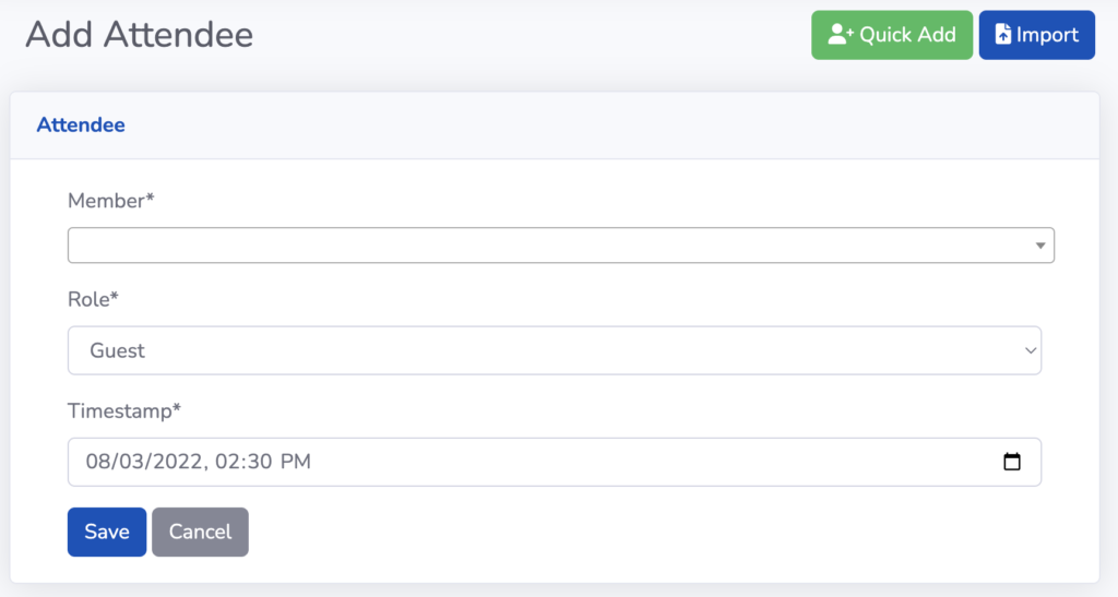 Form to add attendees in Savannah, with buttons for bulk import and Quick Add